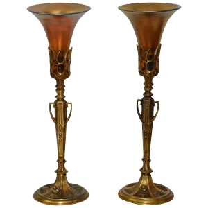 Pair of Art Deco Bronze Lamps With Iridescent Shades