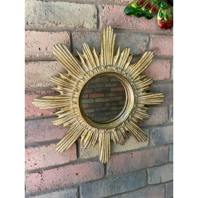 Vintage 16" Gilded Sunburst Wall Mirror With Light Cream Wash For Sale - Image 12 of 15