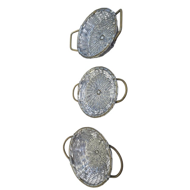 Vintage Woven Silver and Brass French Provincial Style Market Baskets- Set of 3 For Sale - Image 10 of 16