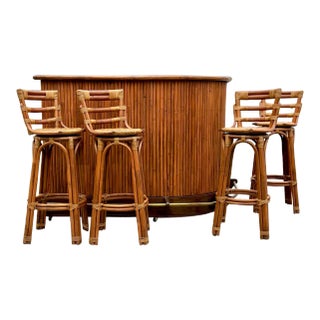 Vintage Wood and Bamboo Tiki Dry Bar Set + Four Matching Swivel Bamboo Stools For Sale