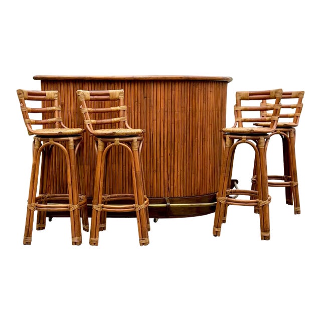 Vintage Wood and Bamboo Tiki Dry Bar Set + Four Matching Swivel Bamboo Stools For Sale