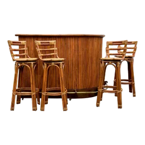 Vintage Wood and Bamboo Tiki Dry Bar Set + Four Matching Swivel Bamboo Stools