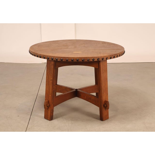 Stickley Commemorative Leather-Top Round Oak Library Table For Sale - Image 14 of 18