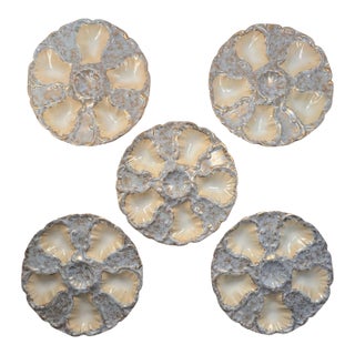 Early 20th Century Set of Five Antique French Limoges Oyster Plates With Gold Fleck Glaze For Sale
