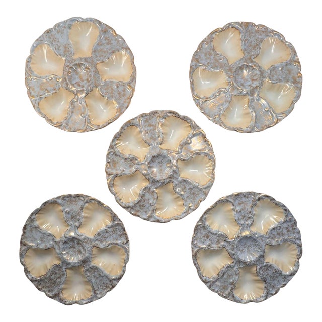 Early 20th Century Set of Five Antique French Limoges Oyster Plates With Gold Fleck Glaze For Sale