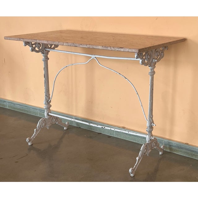 French Solid Cast Iron Scrolling Bistro Table With Pink Marble Top For Sale - Image 4 of 8