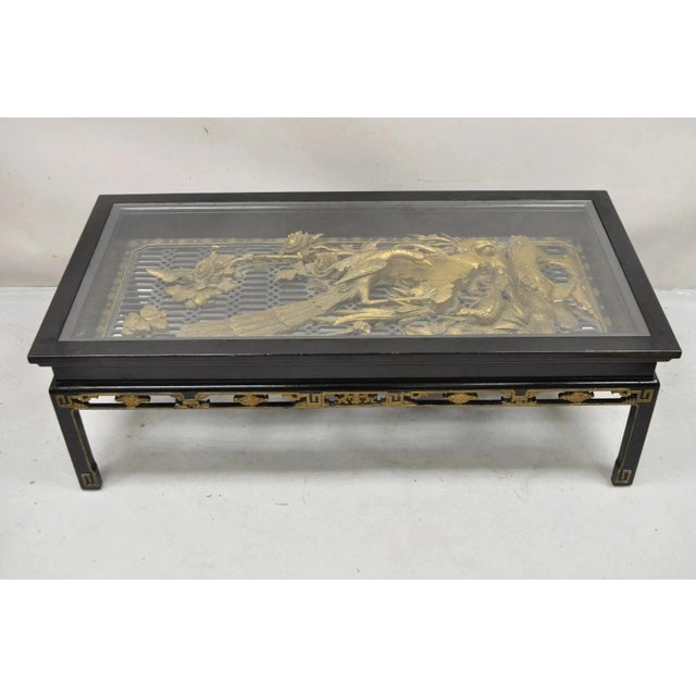 Vintage Chinese Relief Carved Ho Ho Bird Glass Top Display Oriental Coffee Table For Sale - Image 11 of 13