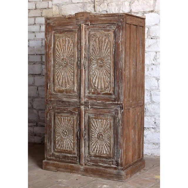 Mid-Century Modern Antique Hand-Carved Rustic Armoire With Brass Stud Detailing – Vintage Statement Cabinet 76x43 For Sale - Image 3 of 5