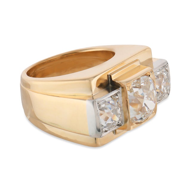 Mid 20th Century Retro French Gia 2.28 Carat Old Mine Cut Diamond 18k Yellow Gold Tank Ring, Size 4 For Sale - Image 4 of 6