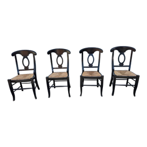 Pottery Barn Napoleon Black Painted Rush Seat Modern Dining Chairs- Set of 4