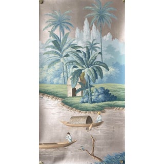 Hand Painted Vintage Tropical Riverside Scene Panoramic Mural Panels For Sale