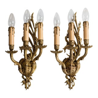 1950s Brass Foliage Design 3-Light Sconce - a Pair For Sale