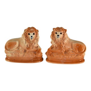 Pair of 19th Century Staffordshire Lions For Sale