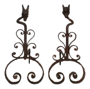 Antique Andirons - Folk Art Wrought Iron With Scroll Motifs and Grotesque Head Finials - A Pair