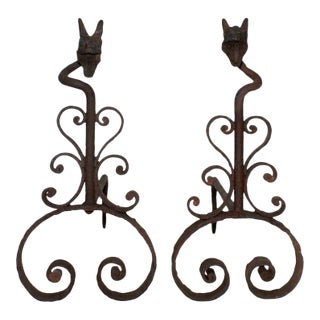 Antique Folk Art Wrought Iron Andirons - A Pair For Sale