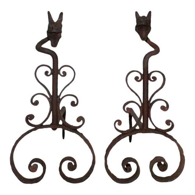 Antique Folk Art Wrought Iron Andirons - A Pair For Sale