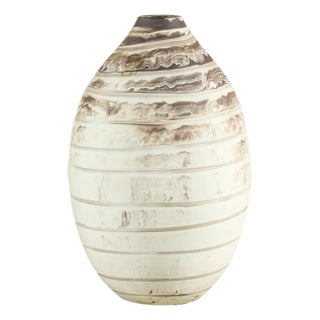 Large Artisan Cream Glazed Ceramic Vase with Brown Striated Bands For Sale