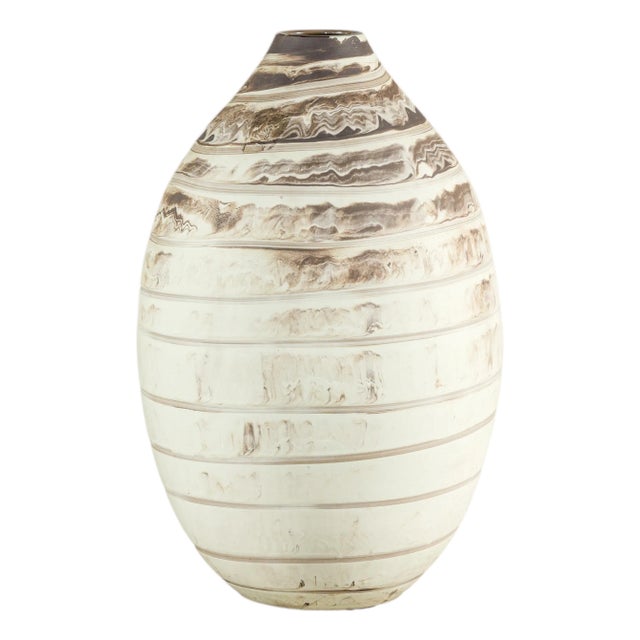 Large Artisan Cream Glazed Ceramic Vase with Brown Striated Bands For Sale