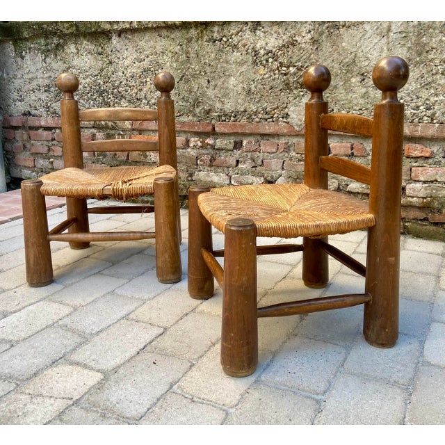 Brutalist Low Brutalist Chairs in Oak and Straw attributed to Charles Dudouyt, France, 1940s, Set of 2 For Sale - Image 3 of 10