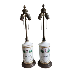 Pair of Hand Painted Porcelain Apothecary Jars Mounted as Lamps