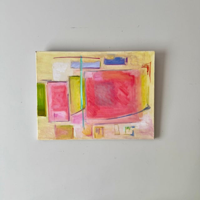 Mid-Century Modern 1970s Pink Green and Yellow Geometric Abstract Oil Painting on Stretched Canvas For Sale - Image 3 of 7