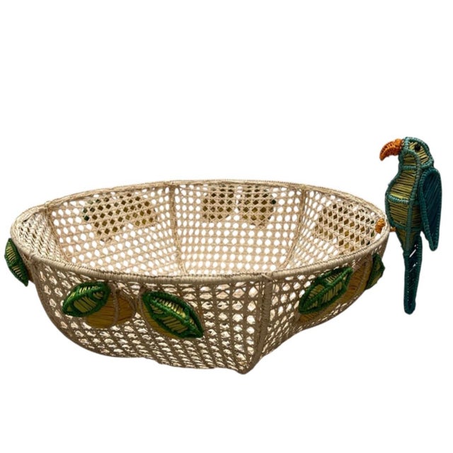 Boho Chic Vintage Tropical Raffia & Cane Fruit Bowl With Perched Parrot & Lemon Accents For Sale - Image 3 of 12