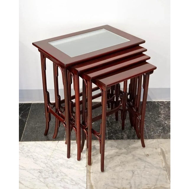 High-quality handcrafted placemat, beech bentwood, stained mahogany, shellac hand-polished: Four nesting side tables in...