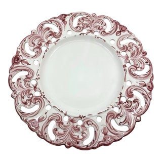 Vintage Pink and White Hand Painted Reticulated Platter - Made in Portugal For Sale