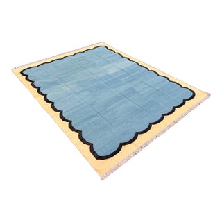 Handmade Cotton Scalloped Edge Rug, Teal Blue, Black and Cream Bordered Dhurrie- 12'x15' For Sale