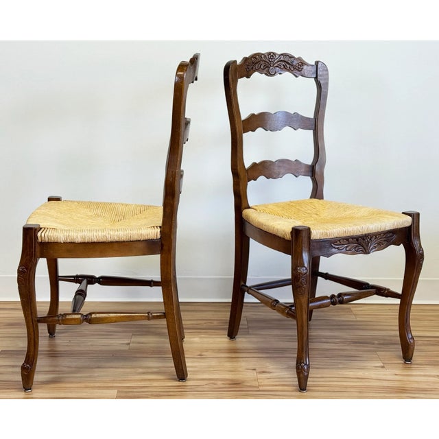 Mid 20th Century Vintage French Country Rush Seat Carved Wood Chairs, a Pair For Sale - Image 5 of 10