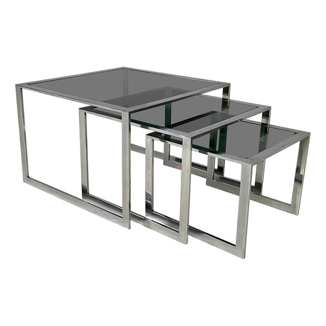 Italian Modern Trio of Coffee Tables in Smoked Glass and Metal, 1980s For Sale