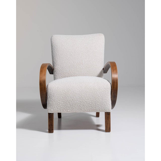 20th Century Czech Republic Warm Ivory Boucle Bentwood-Arm Lounge Chair For Sale - Image 4 of 11