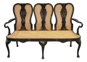 Antique 19th Century English Chinoiserie Lacquer and Cane Chair Back Settee