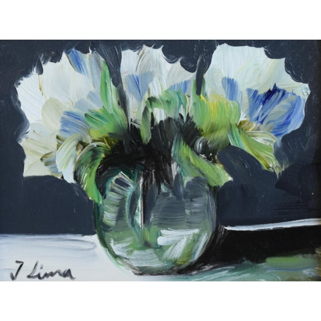 Blue & White Bouquet of Flowers Oil Painting Including the Antiqued Gold Wood Frame For Sale - Image 4 of 7