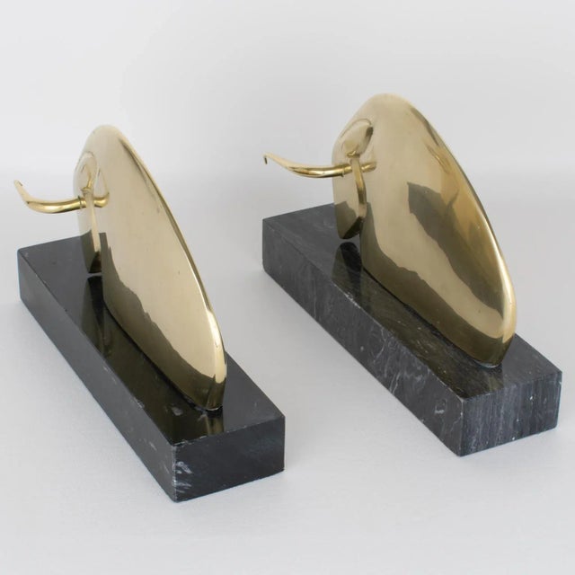 Brass Art Deco Polished Brass and Marble LongHorn Bull Bookends For Sale - Image 8 of 14