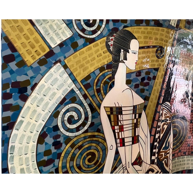 Postmodern Vintage 1980s Postmodern Ting Shao Kuang Style Chinese Modern Lacquer Large Wall Art Painting 36 X 36 For Sale - Image 3 of 12