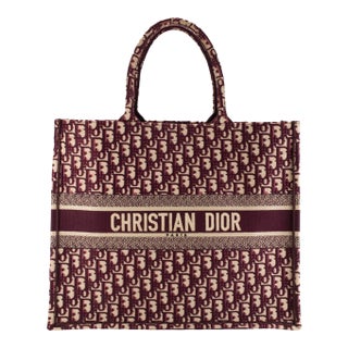 Christian Dior Book Medium Oblique Embroidery Burgundy Canvas Tote Bag For Sale