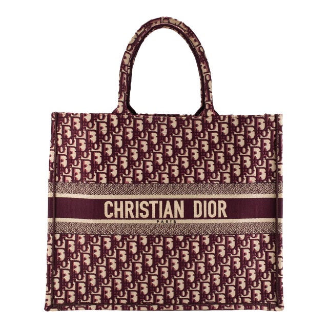 Christian Dior Book Medium Oblique Embroidery Burgundy Canvas Tote Bag For Sale