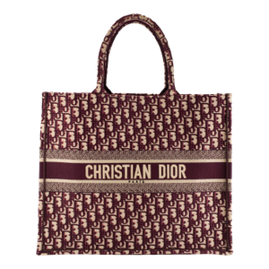 Christian Dior Book Medium Oblique Embroidery Burgundy Canvas Tote Bag