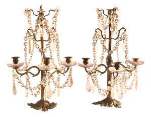 Antique French Girandoles in Fire-Gilt Brass and Lead Crystal, 1900s, Set of 2