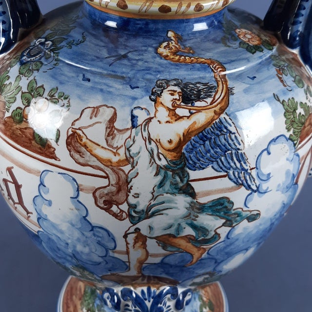 Large Vintage Historiated Polychrome Majolica Vase with Zoomorphic Handles from Albissola, 20th Century For Sale - Image 7 of 14