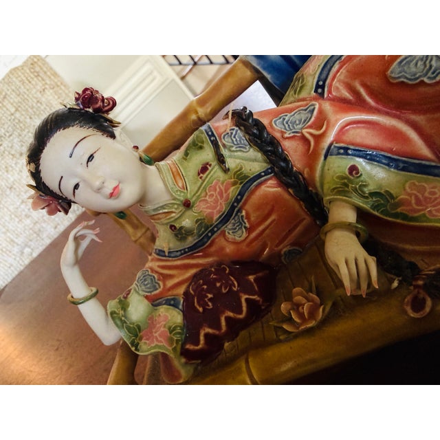 Vintage Chinese Famille Rose Porcelain Court Lady Figurines, Zuichun Pottery – Pair For Sale - Image 9 of 13