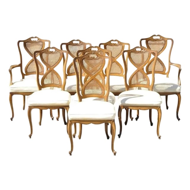 Mid 18th Century French Provincial Hollywood Regency Pretzel Cane Back Dining Chair - Set of 8 For Sale