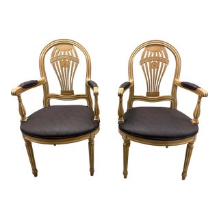 Late 20th Century Louis XVI Maison Jansen Style Bleached Wood Balloon Back Arm Chairs With Faux Lizard Upholstery- a Pair For Sale