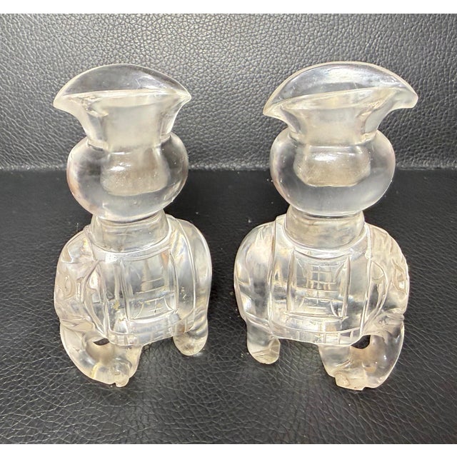 Pair of Antique Hand Carved Chinese Elephant Rock Crystal Stone Sculpture Vase For Sale - Image 4 of 12