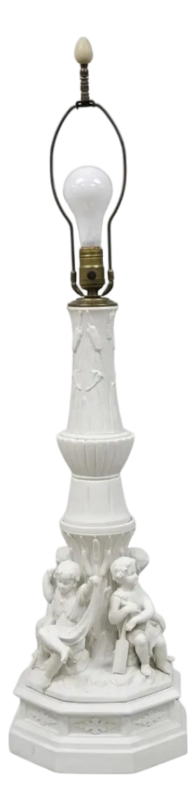 Vintage French Bisque White Porcelain Maritime Figural Cherubs Table Lamp