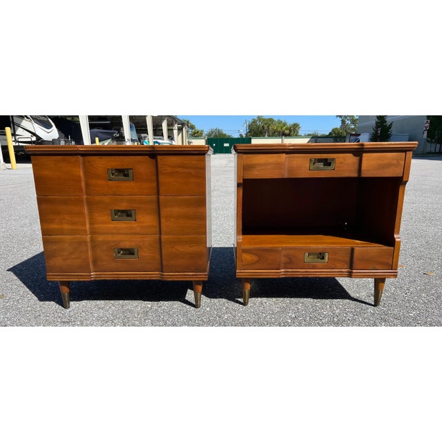 Mid-Century Modern Pair Widdicomb Campaign Style Solid Cherry Brass Pulls Night Stands Tables For Sale - Image 3 of 9