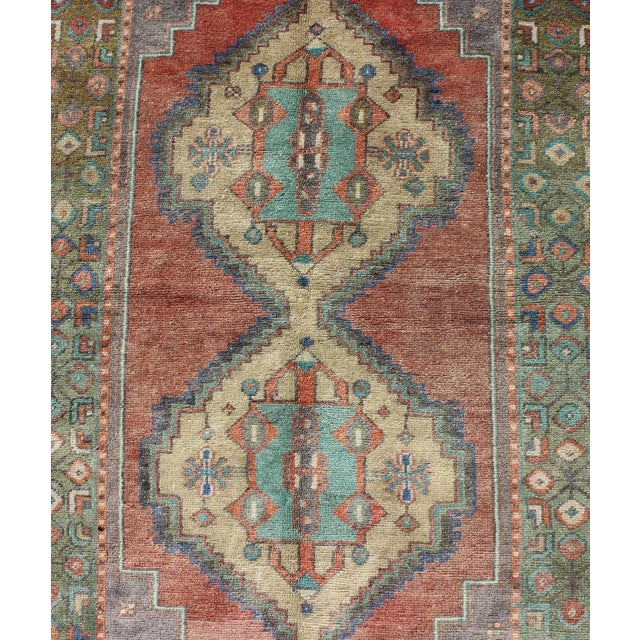 Mid 20th Century Green and Orange Turkish Oushak Rug Vintage Dual Diamond Medallions For Sale - Image 4 of 8