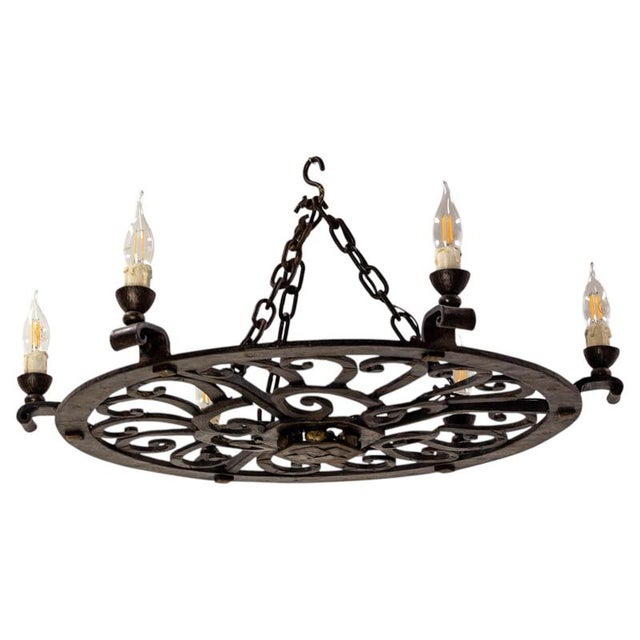 Large Circular Wrought Iron Chandelier, France, 1940 For Sale - Image 9 of 9