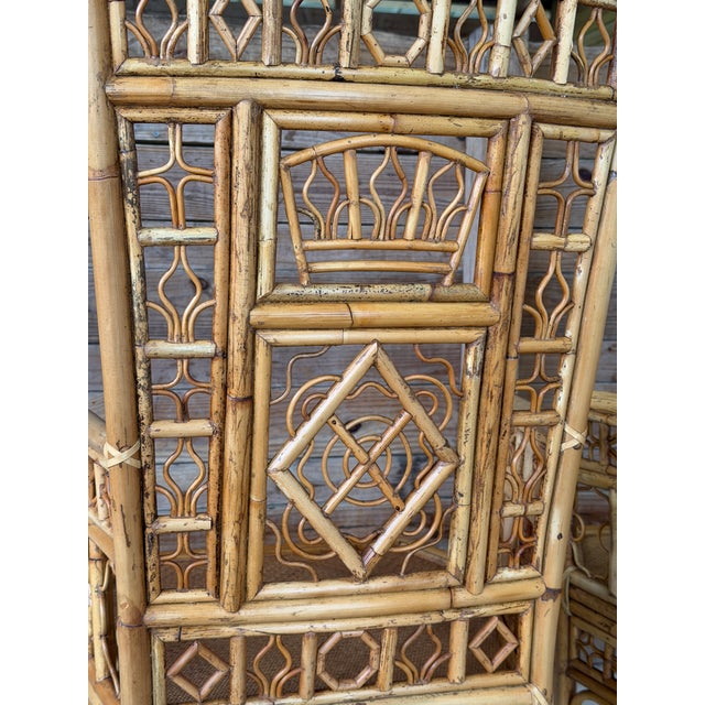 1990s Pair Vintage Brighton Pavilion Style High-Back Fretwork Bamboo Rattan Armchairs For Sale - Image 5 of 12